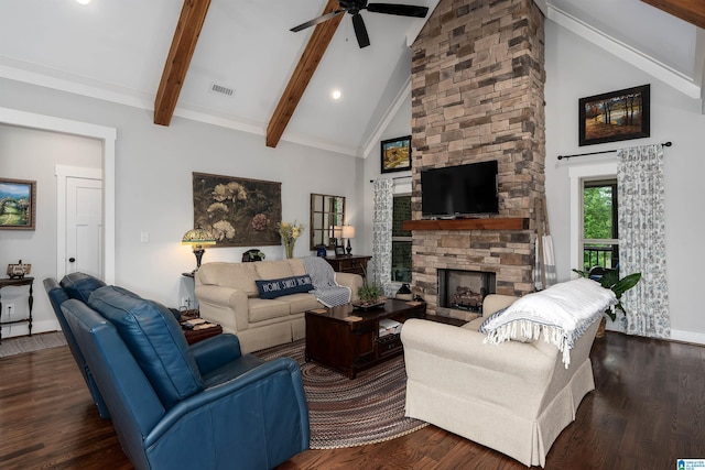 715 W Cassie Dr, Pell City, AL 35128 - living area featuring a stone fireplace, wood finished floors, beamed ceiling, a ceiling fan, and high vaulted ceiling