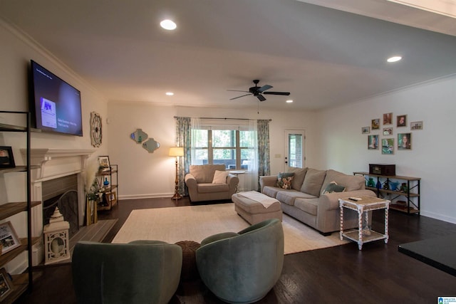 5250 Kate Cv, Trussville, AL 35173 - living room with a ceiling fan, wood finished floors, crown molding, recessed lighting, and a fireplace with flush hearth