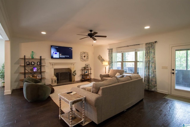 5250 Kate Cv, Trussville, AL 35173 - living room with dark wood-style flooring, recessed lighting, a ceiling fan, and a fireplace