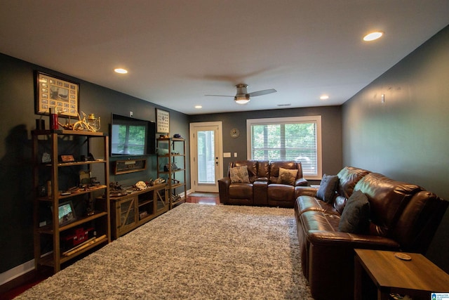 5250 Kate Cv, Trussville, AL 35173 - living room featuring wood finished floors, a ceiling fan, and recessed lighting