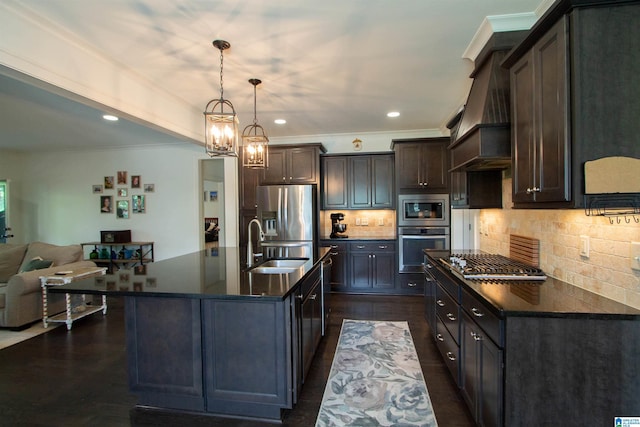 5250 Kate Cv, Trussville, AL 35173 - kitchen with stainless steel appliances, custom exhaust hood, dark brown cabinetry, backsplash, and open floor plan