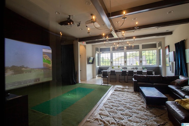 5250 Kate Cv, Trussville, AL 35173 - living room featuring a chandelier, beam ceiling, and recessed lighting
