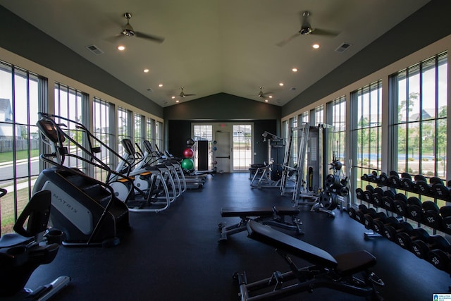 5250 Kate Cv, Trussville, AL 35173 - workout area with ceiling fan, vaulted ceiling, and recessed lighting