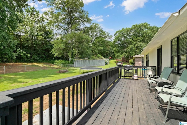 405 Willow Dr, Hueytown, AL 35023 - deck featuring a trampoline, a fenced backyard, and view of scattered trees