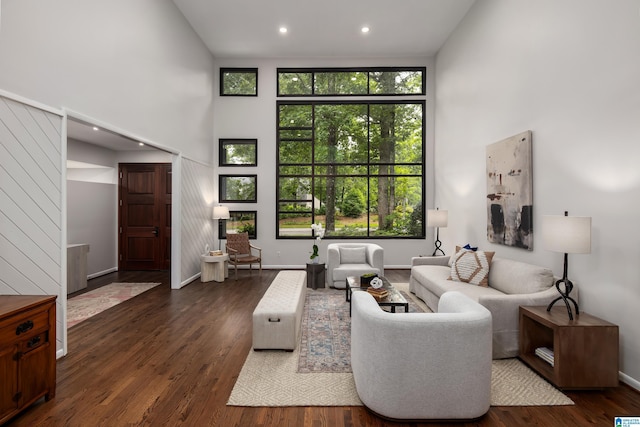 3709 Dover Dr, Mountain Brook, AL 35223 - living room with a high ceiling, wood finished floors, and recessed lighting