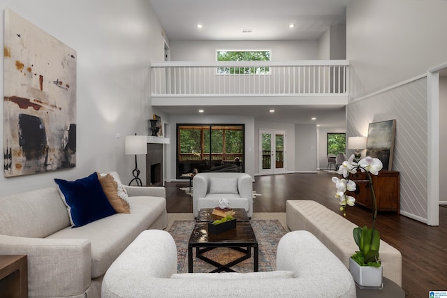 3709 Dover Dr, Mountain Brook, AL 35223 - living room featuring a towering ceiling, wood finished floors, recessed lighting, and a fireplace