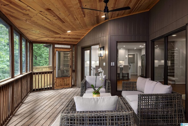 3709 Dover Dr, Mountain Brook, AL 35223 - sunroom featuring vaulted ceiling, ceiling fan, and outdoor lounge area