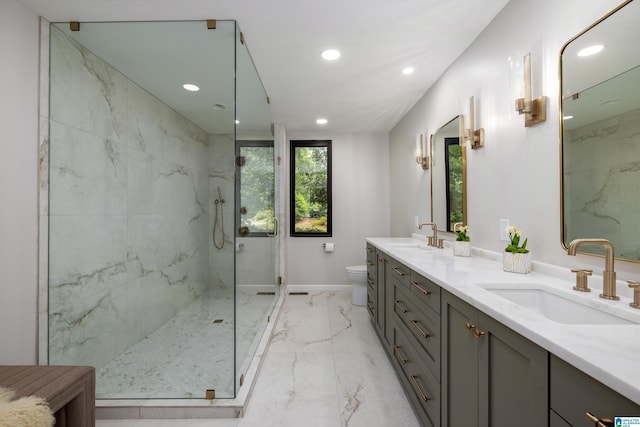 3709 Dover Dr, Mountain Brook, AL 35223 - bathroom with marble tiled floors, double vanity, a marble finish shower, and recessed lighting