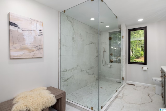 3709 Dover Dr, Mountain Brook, AL 35223 - full bath featuring a marble finish shower, marble look tiles, recessed lighting, and vanity