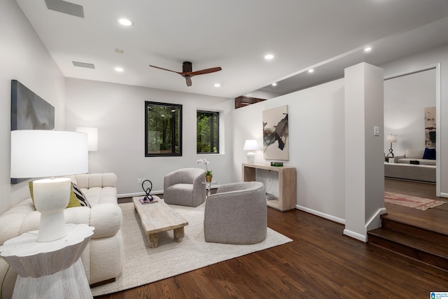 3709 Dover Dr, Mountain Brook, AL 35223 - living room with wood finished floors, recessed lighting, and ceiling fan