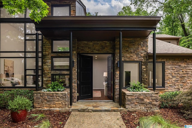 3709 Dover Dr, Mountain Brook, AL 35223 - entrance to property featuring stone siding and roof with shingles