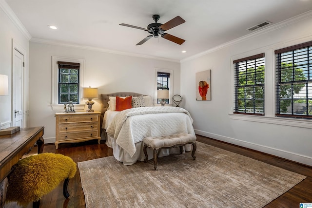 3443 Cliff Rd S, Birmingham, AL 35205 - bedroom with dark wood finished floors, crown molding, recessed lighting, and a ceiling fan