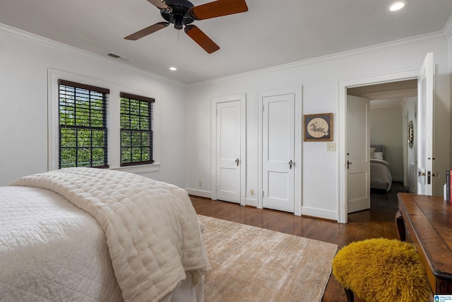 3443 Cliff Rd S, Birmingham, AL 35205 - bedroom featuring dark wood-style floors, ornamental molding, recessed lighting, and a ceiling fan