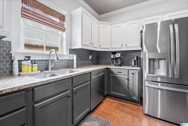1221 Grants Way, Irondale, AL 35210 - kitchen with stainless steel appliances, gray cabinets, white cabinetry, light wood-style flooring, and backsplash