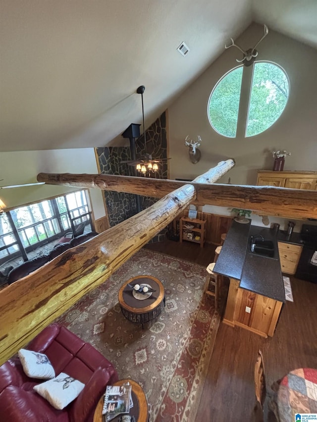 26718 Bridge Ln, Andalusia, AL 36421 - living area with wood finished floors and vaulted ceiling