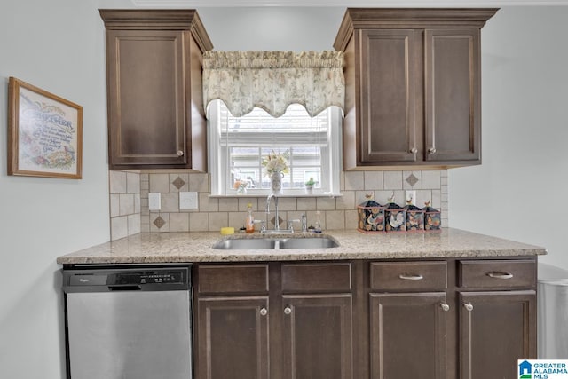2007 Discovery Dr, Montevallo, AL 35115 - kitchen featuring stainless steel dishwasher, decorative backsplash, dark brown cabinetry, and light stone countertops