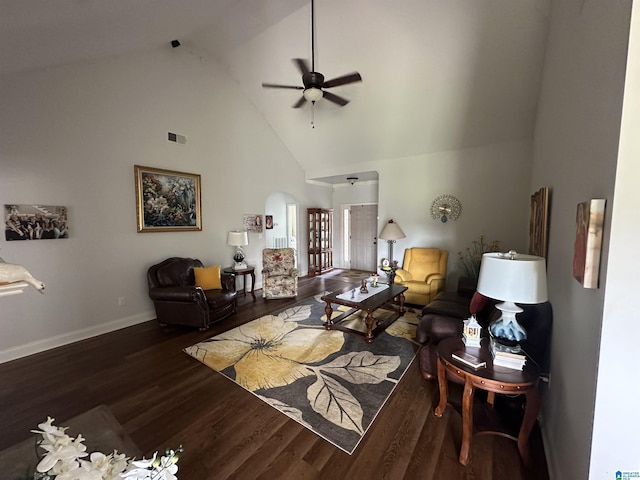 2007 Discovery Dr, Montevallo, AL 35115 - living area with high vaulted ceiling, a ceiling fan, wood finished floors, and arched walkways