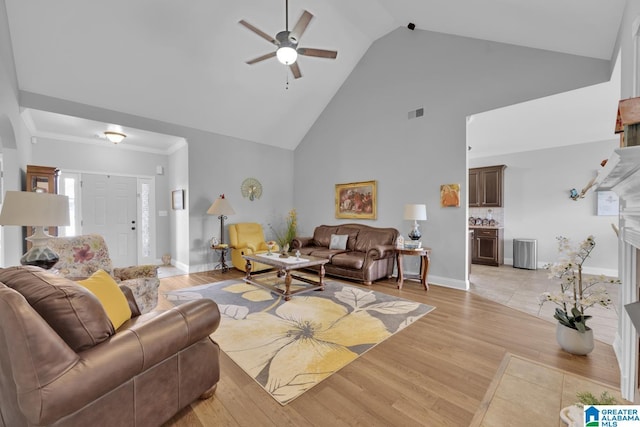 2007 Discovery Dr, Montevallo, AL 35115 - living area featuring ceiling fan, high vaulted ceiling, light wood-type flooring, and a fireplace