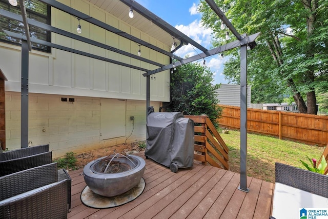 6400 Glenview Cir, Gardendale, AL 35071 - wooden terrace with an outdoor fire pit, a fenced backyard, grilling area, and a pergola