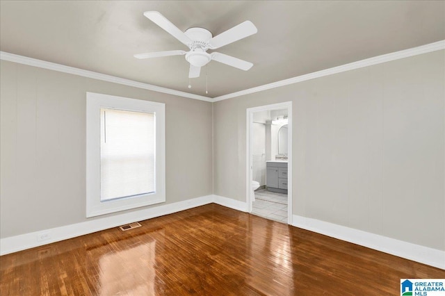1125 SW 15th St, Birmingham, AL 35211 - empty room with wood finished floors, ornamental molding, and a ceiling fan
