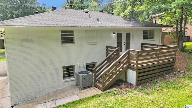 532 Hickory St, Birmingham, AL 35206 - back of property featuring brick siding, french doors, a shingled roof, a deck, and stairs