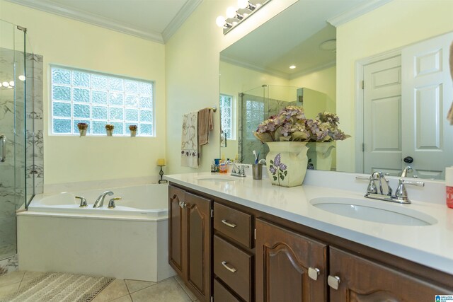 8587 Hayes Rd, Helena, AL 35022 - full bath featuring a marble finish shower, ornamental molding, a garden tub, double vanity, and tile patterned flooring