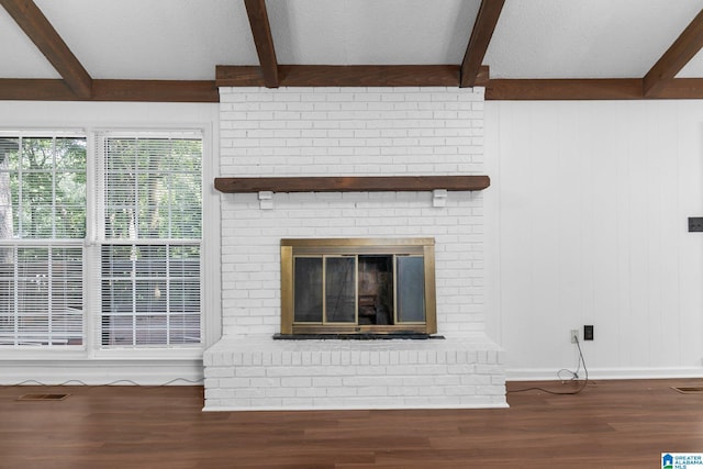 2005 Crossvine Rd, Hoover, AL 35244 - detailed view of beamed ceiling, wood finished floors, and a brick fireplace