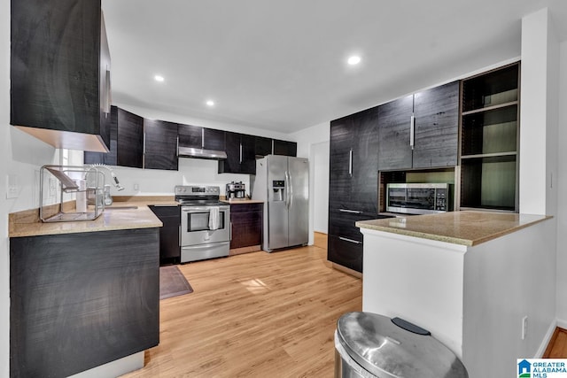 509 Lasalle Ln, Irondale, AL 35210 - kitchen with stainless steel appliances, under cabinet range hood, open shelves, light wood finished floors, and recessed lighting