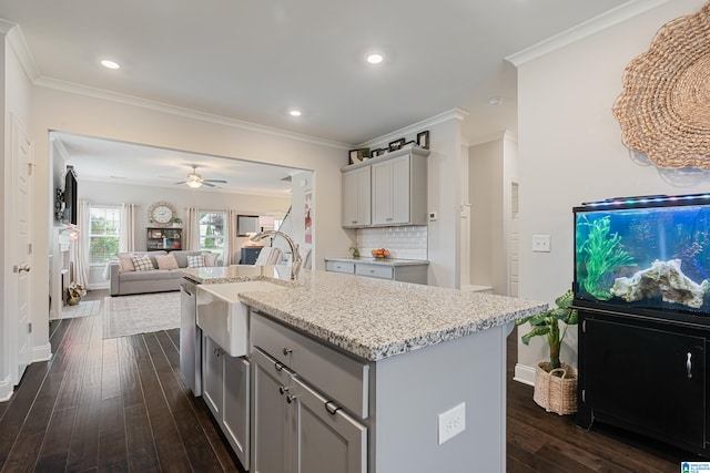 4486 Old Cahaba Pkwy, Helena, AL 35080 - kitchen with gray cabinetry, dark wood finished floors, open floor plan, a center island with sink, and recessed lighting