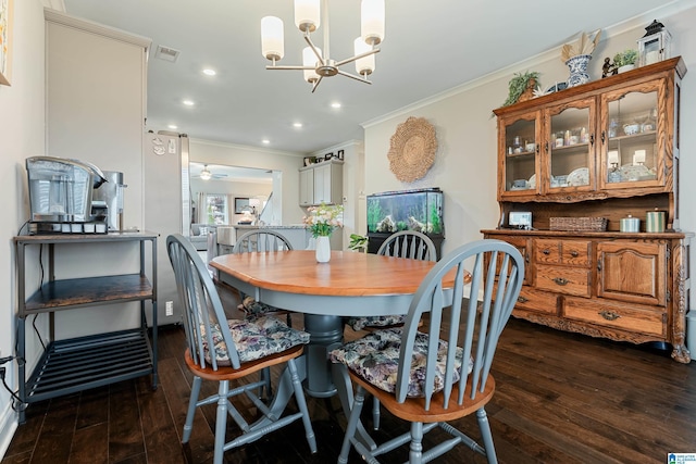 4486 Old Cahaba Pkwy, Helena, AL 35080 - dining room featuring dark wood-style flooring, crown molding, a chandelier, recessed lighting, and ceiling fan