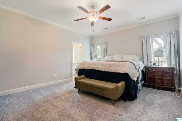 4486 Old Cahaba Pkwy, Helena, AL 35080 - bedroom with light carpet, multiple windows, ornamental molding, a ceiling fan, and ensuite bathroom