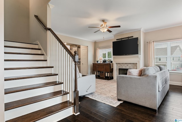 4486 Old Cahaba Pkwy, Helena, AL 35080 - living area with a ceiling fan, stairs, dark wood-style floors, ornamental molding, and a fireplace