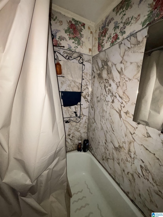 92 Briar Hill Loop, Wetumpka, AL 36092 - bathroom featuring wallpapered walls and shower / tub combo with curtain