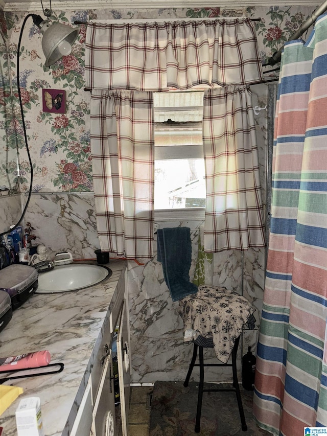 92 Briar Hill Loop, Wetumpka, AL 36092 - bathroom featuring vanity, wallpapered walls, and curtained shower