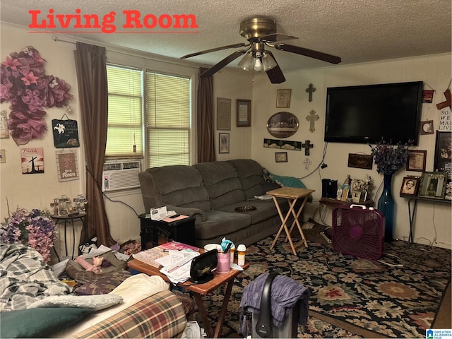 92 Briar Hill Loop, Wetumpka, AL 36092 - living room featuring a ceiling fan, a textured ceiling, cooling unit, and carpet flooring