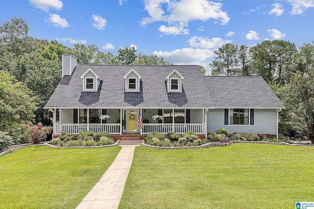 505 Waterside Cir, Mccalla, AL 35111 - cape cod house featuring covered porch, a chimney, a front yard, and a shingled roof