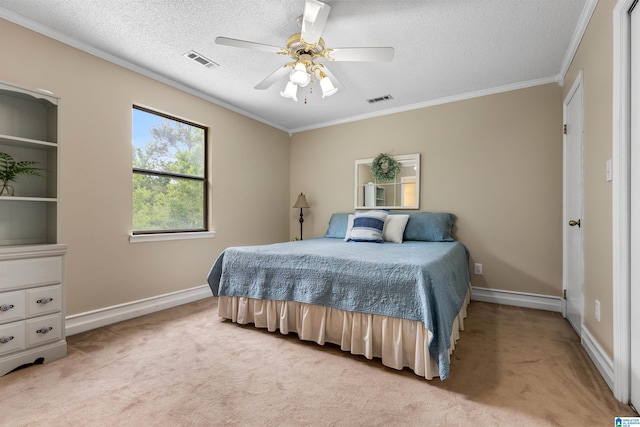 505 Waterside Cir, Mccalla, AL 35111 - bedroom with light carpet, a textured ceiling, ornamental molding, and a ceiling fan