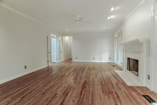 3357 Afton Ln, Birmingham, AL 35242 - unfurnished living room with ceiling fan, light wood finished floors, crown molding, a fireplace, and recessed lighting