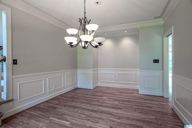 3357 Afton Ln, Birmingham, AL 35242 - empty room featuring crown molding, a chandelier, dark wood-type flooring, a wainscoted wall, and recessed lighting