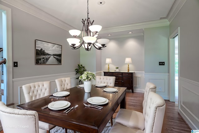 3357 Afton Ln, Birmingham, AL 35242 - dining space featuring wood finished floors, a chandelier, crown molding, a wainscoted wall, and recessed lighting