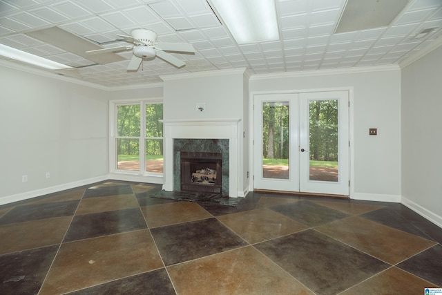 3357 Afton Ln, Birmingham, AL 35242 - unfurnished living room featuring french doors, a ceiling fan, a high end fireplace, and ornamental molding