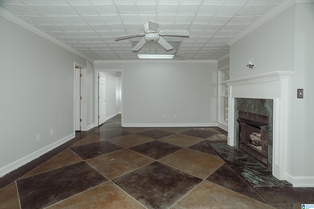 3357 Afton Ln, Birmingham, AL 35242 - unfurnished living room featuring a ceiling fan, a premium fireplace, and ornamental molding