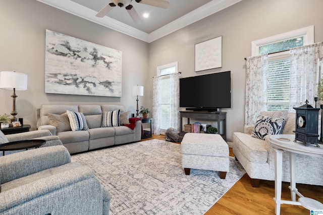 4067 Milners Cres, Hoover, AL 35242 - living area with crown molding, ceiling fan, wood finished floors, and recessed lighting