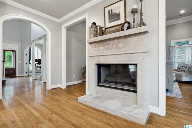 4067 Milners Cres, Hoover, AL 35242 - detailed view of arched walkways, a fireplace, wood finished floors, crown molding, and recessed lighting