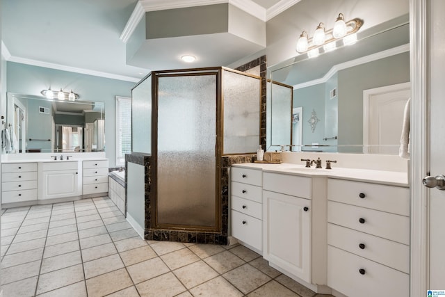 4067 Milners Cres, Hoover, AL 35242 - full bathroom featuring tile patterned flooring, ornamental molding, a stall shower, two vanities, and a bath