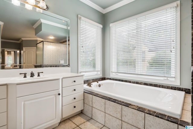 4067 Milners Cres, Hoover, AL 35242 - bathroom featuring healthy amount of natural light, crown molding, a garden tub, vanity, and a shower stall