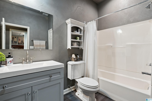 4067 Milners Cres, Hoover, AL 35242 - full bathroom with wallpapered walls, wood finished floors, shower / bathtub combination with curtain, and vanity