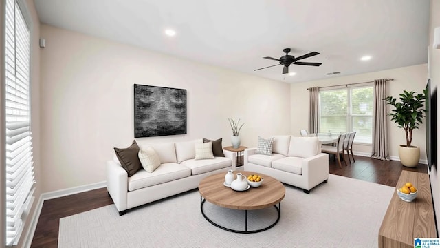 2653 NE Janice Cir, Birmingham, AL 35235 - living room featuring a ceiling fan, wood finished floors, and recessed lighting