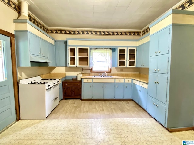 672 Websters Chapel Rd, Wellington, AL 36279 - kitchen featuring white range with gas cooktop, blue cabinetry, and under cabinet range hood