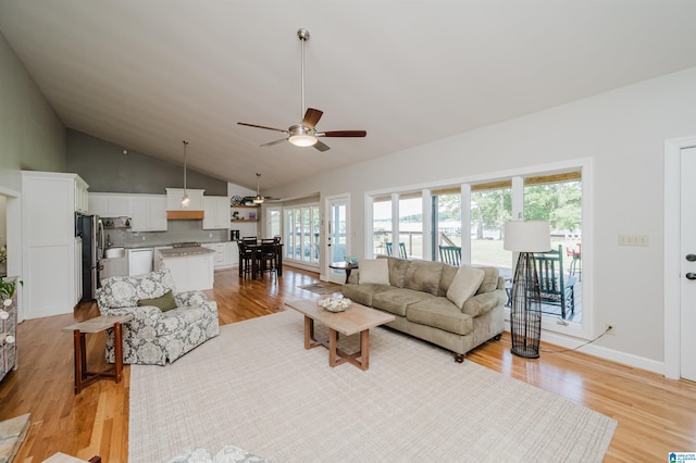 212 Bellbrook Dr, Cropwell, AL 35054 - living room featuring ceiling fan, light wood-style flooring, and high vaulted ceiling